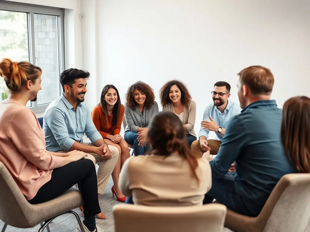 A photograph capturing a scene from an intercultural dialogue event, with participants from different backgrounds engaging in a lively discussion.