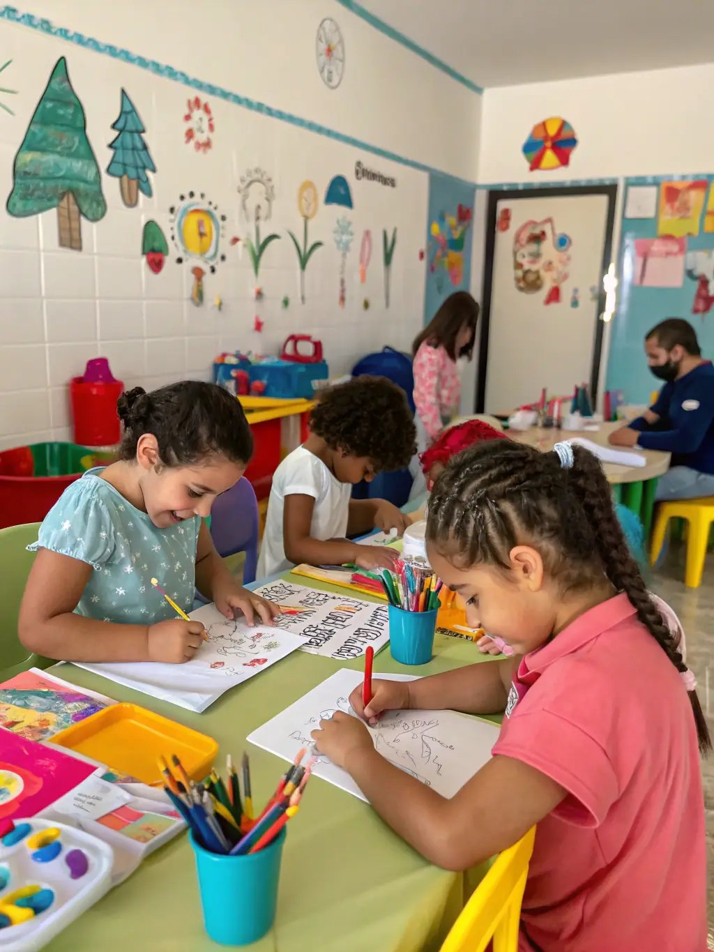 A colorful image depicting children participating in an art workshop, painting and creating under the guidance of an instructor, highlighting the educational aspect of ASS ARMOR IVOIRE SPECTACLES' programs.