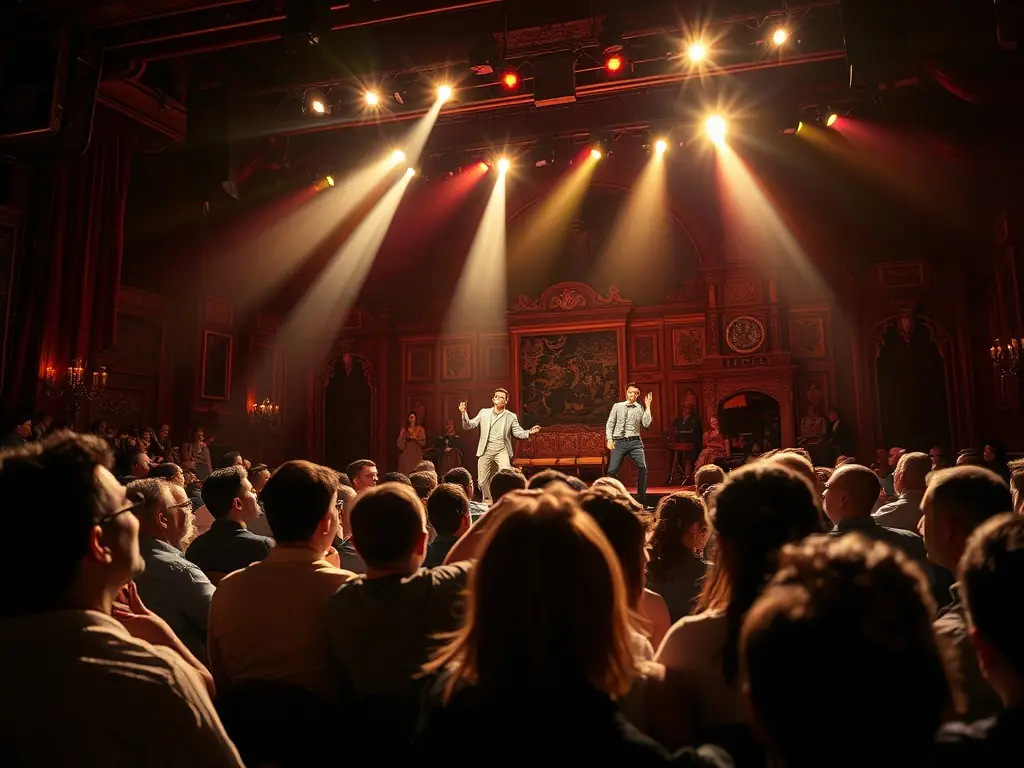 A photograph capturing a live theater performance organized by ASS ARMOR IVOIRE SPECTACLES, emphasizing the organization's support for performing arts.