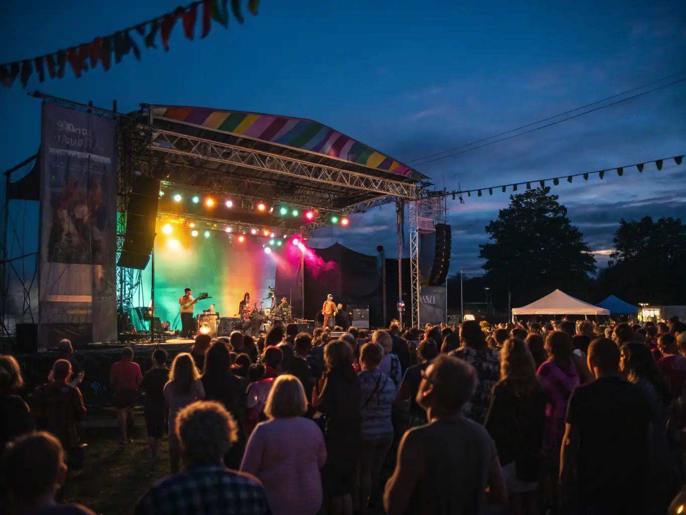 A vibrant image depicting a live music performance at a community festival organized by ASS ARMOR IVOIRE SPECTACLES, showcasing diverse musicians and an enthusiastic audience.