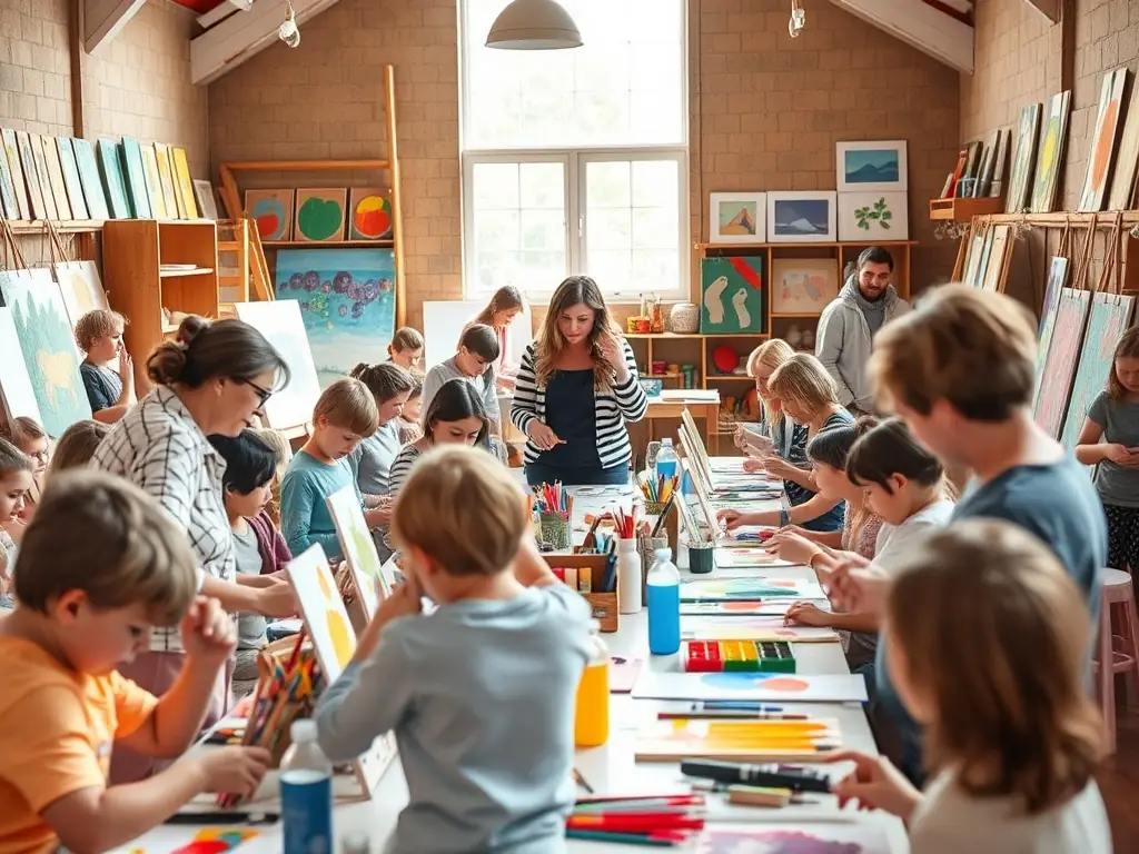 A photograph of a community art workshop in progress, with participants of all ages engaged in creating artwork under the guidance of an instructor, showcasing the inclusive and educational aspect of ASS ARMOR IVOIRE SPECTACLES events.