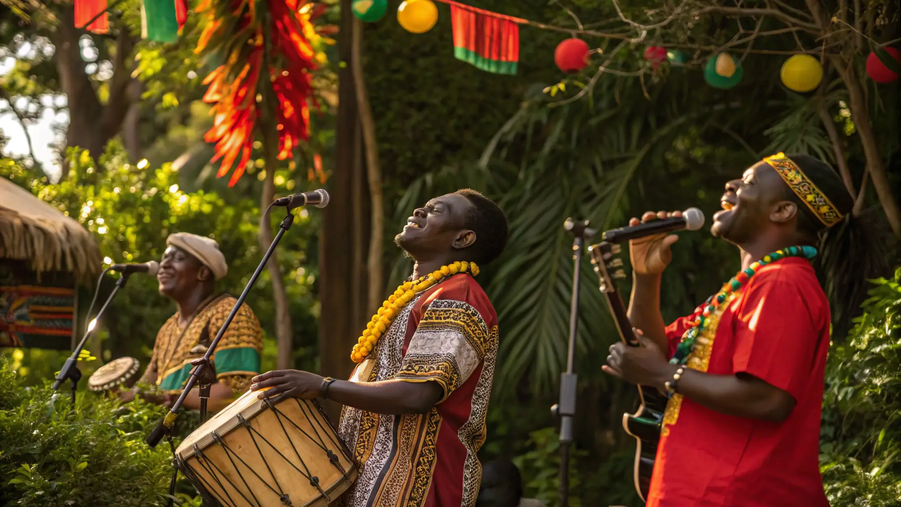 A group of musicians playing traditional instruments in an outdoor setting.