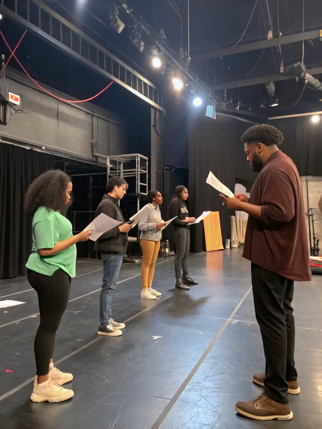 A photo showing participants in a theater workshop, rehearsing a scene with enthusiasm, emphasizing the collaborative and engaging nature of the program.