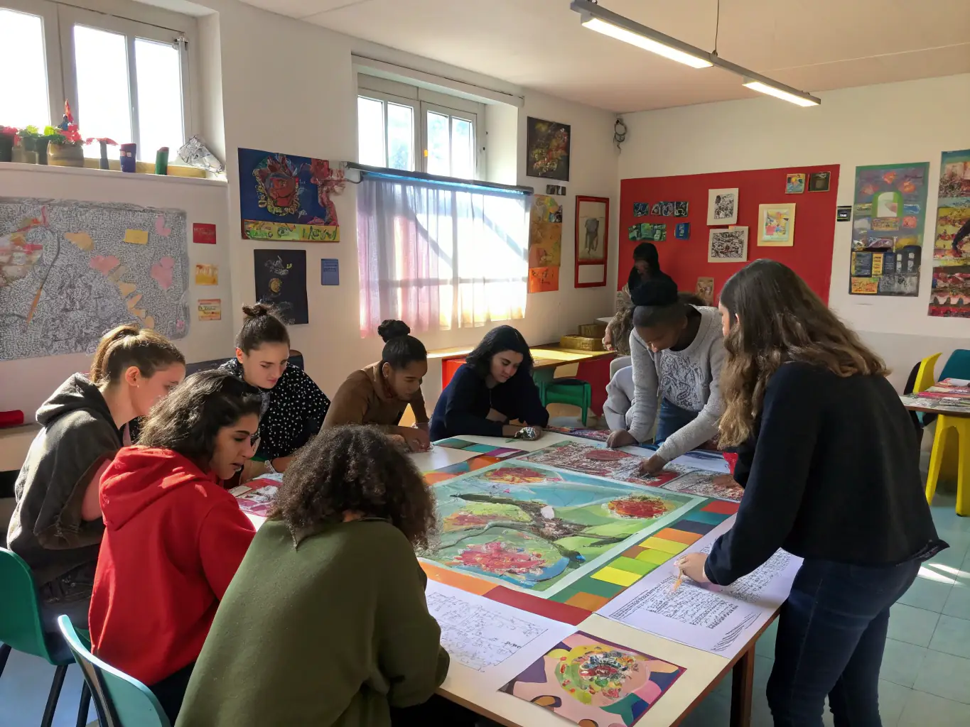 An image showing participants actively engaged in an art workshop, learning new skills and expressing their creativity under the guidance of an instructor.