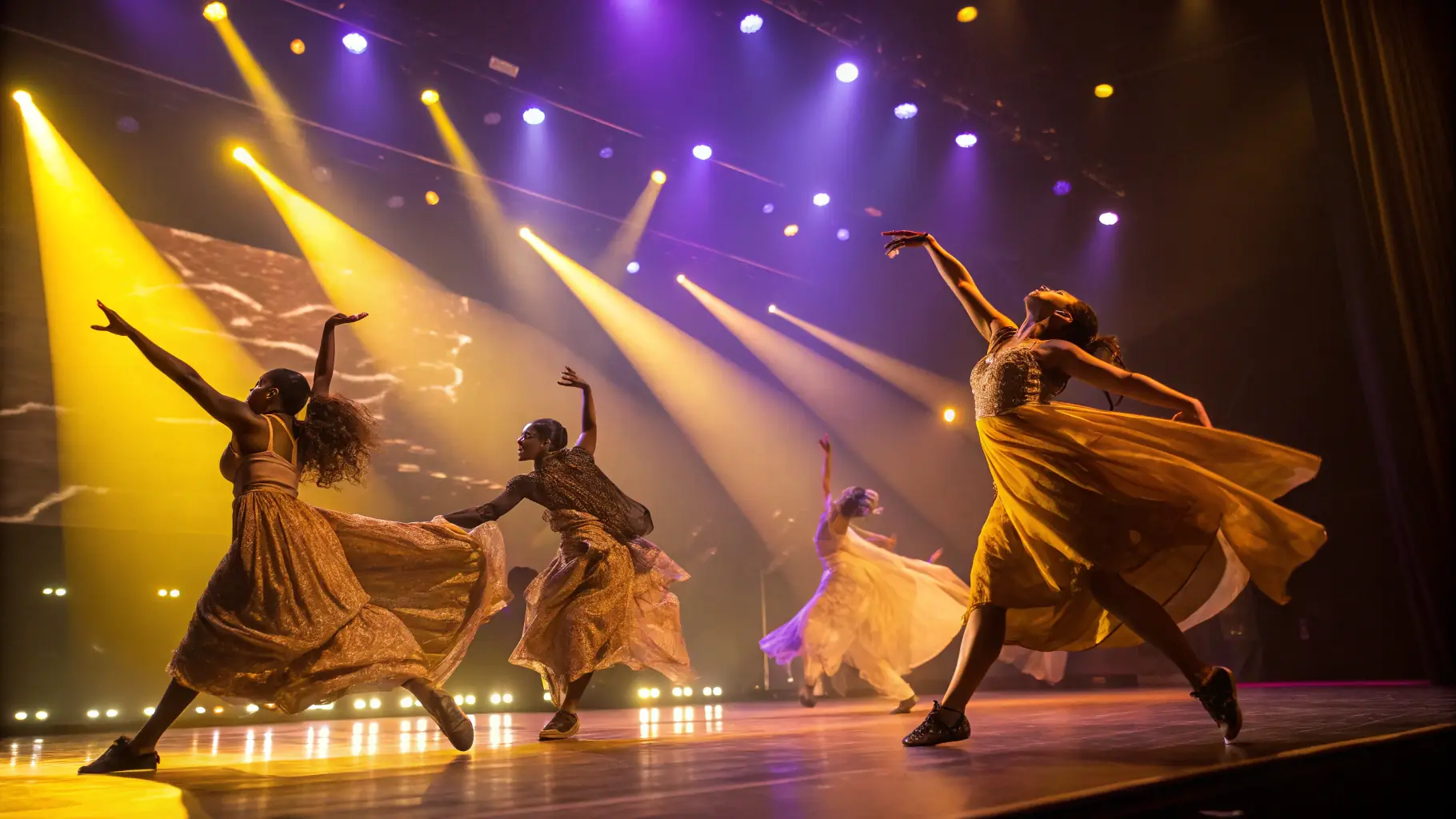 A vibrant stage performance with dancers in colorful costumes under bright lights.