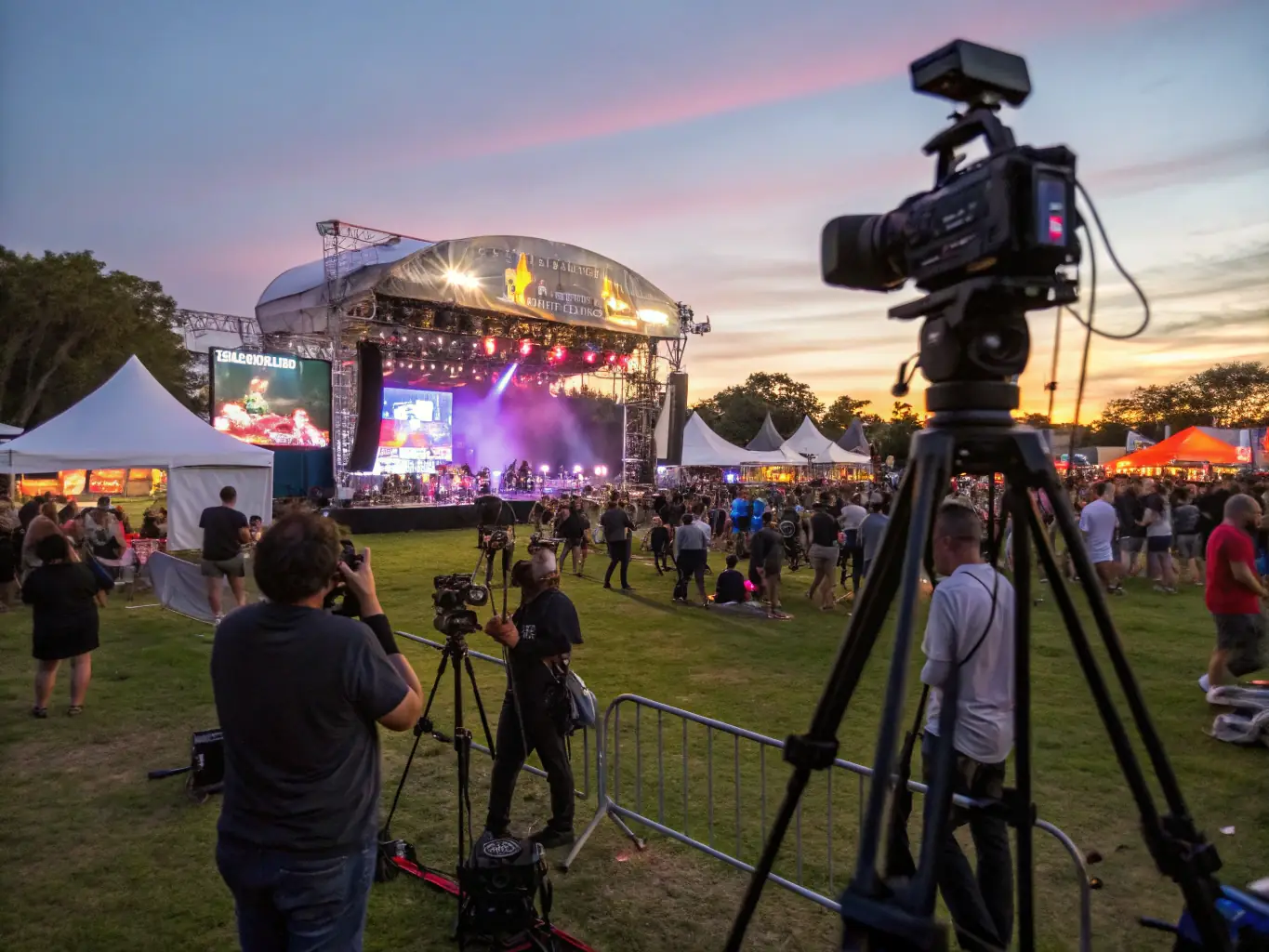 A vibrant outdoor music festival scene with diverse performers on stage and an enthusiastic crowd enjoying the music and atmosphere, capturing the energy and excitement of a past ASS ARMOR IVOIRE SPECTACLES event.