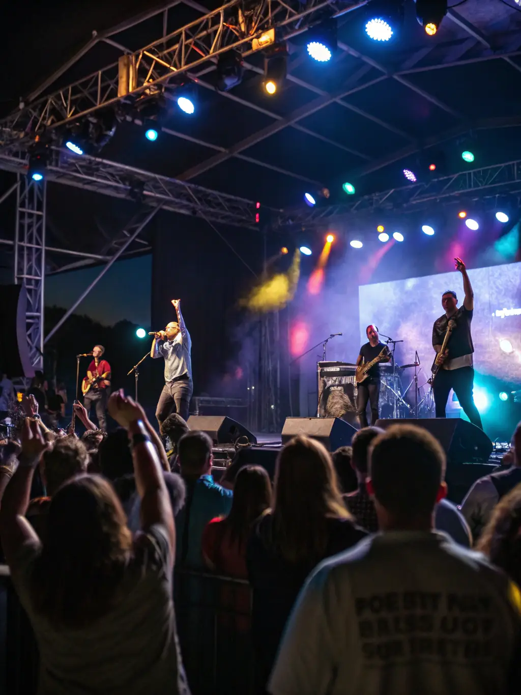 A photograph of musicians performing live on stage at a community concert organized by ASS ARMOR IVOIRE SPECTACLES, capturing the excitement and engagement of the audience.